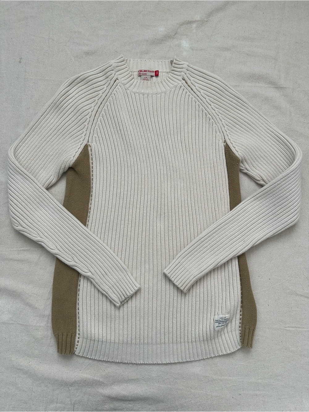 Guess Men’s Type 2-81 Cream Ribbed Knit Sweater with Khaki Side Panels Size L - Picture 2 of 11